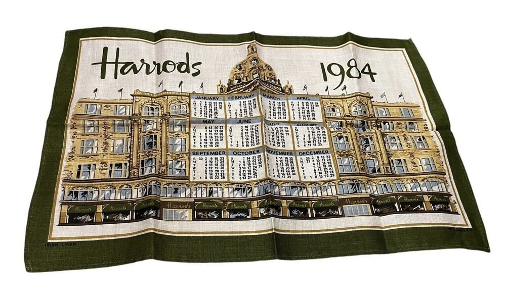 Harrods 1984 Tea Towel Calendar Irish Linen By Ulster 30 X 19” Vintage Green